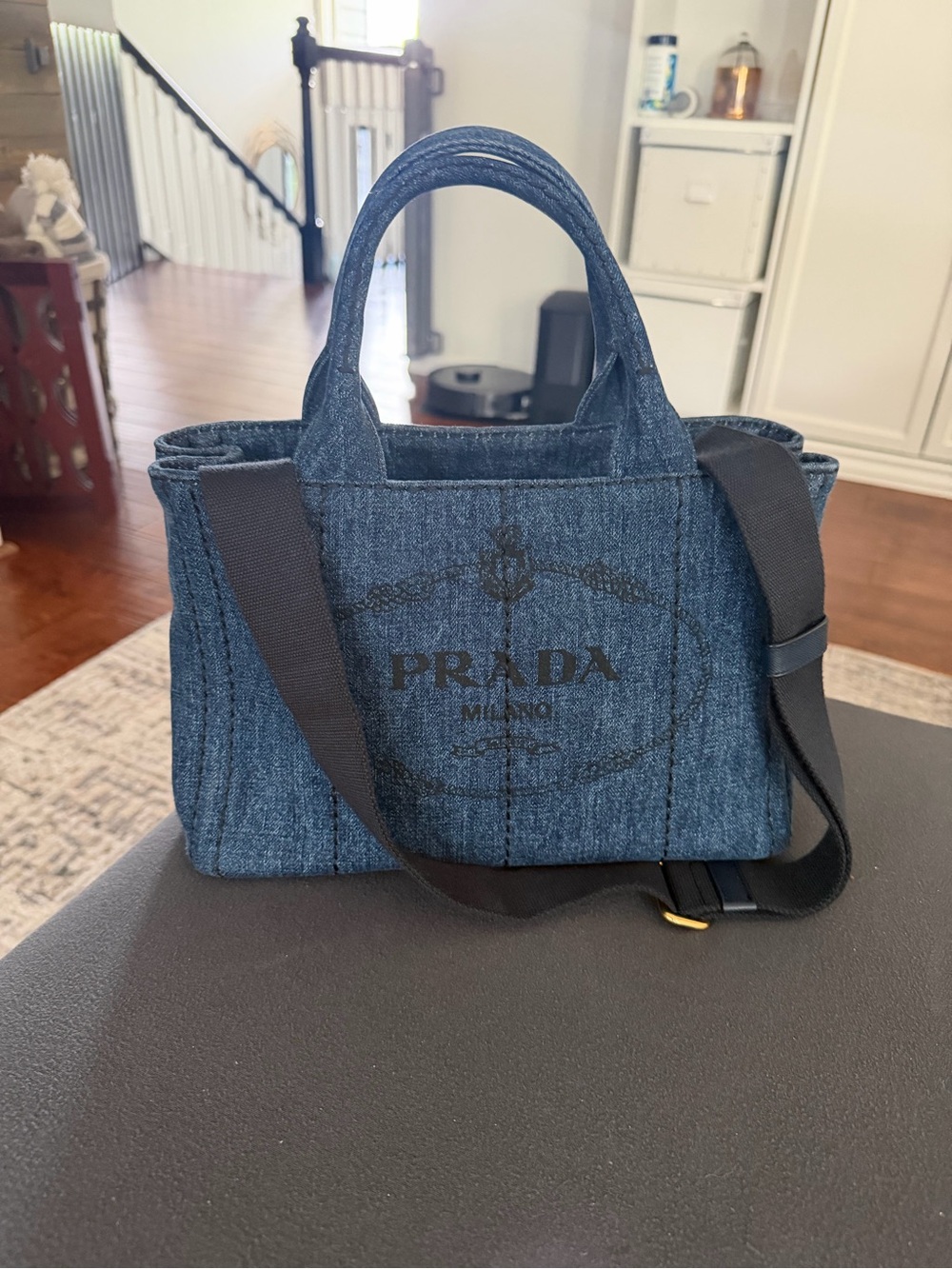 Prada Denim Mini Messenger Bag with Black Strap